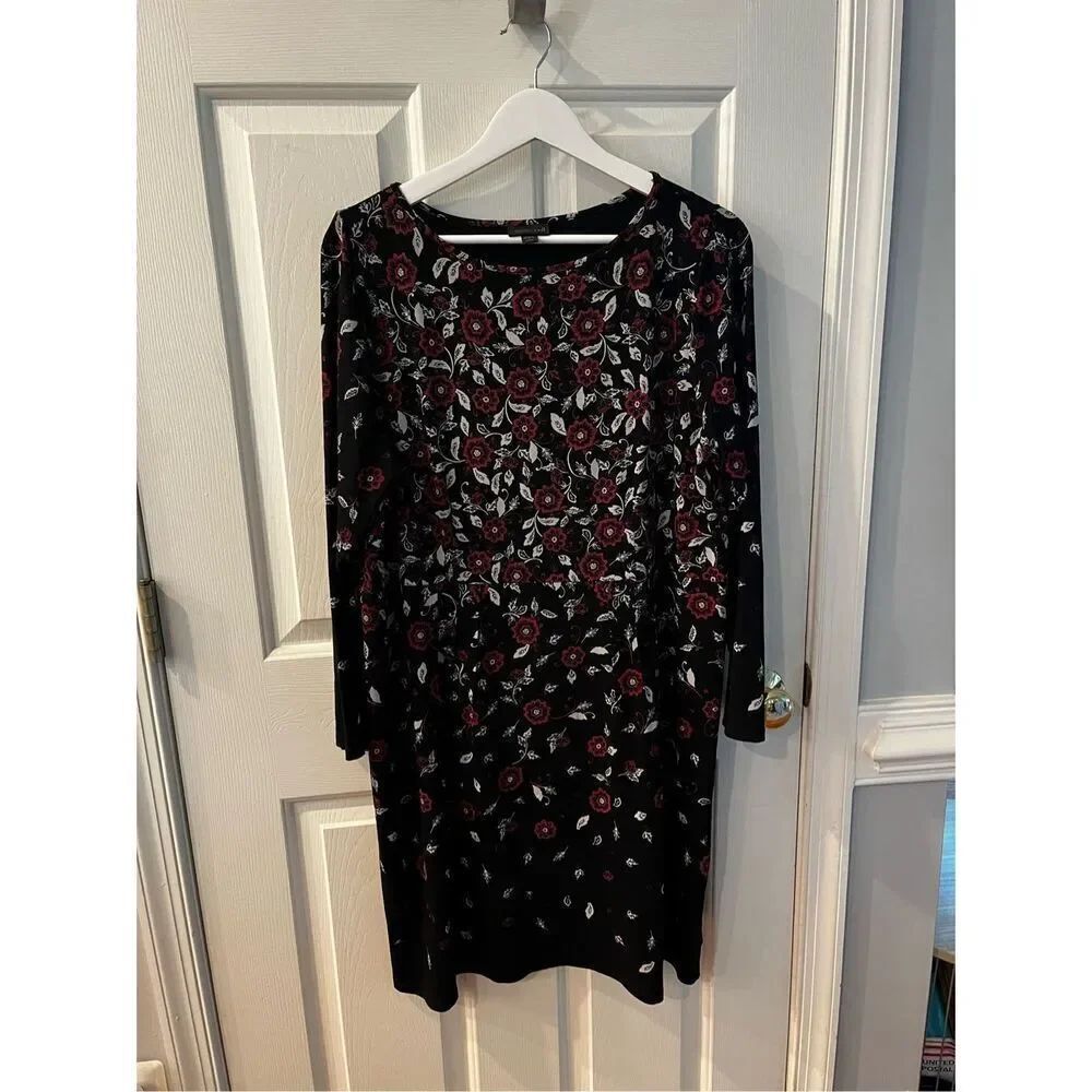 J. Jill Black w/ Burgundy Floral Print Long Sleeve Dress sz PL NWOT